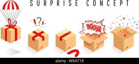 Isometric packaging surprise paper boxes set for packaging of goods. Parachute parcel delivery. Birthday or anniversary present Stock Vector