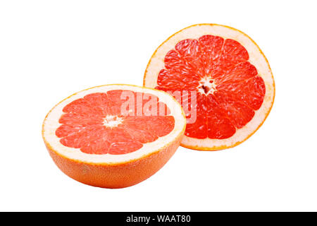 two halves of pink grapefruit isolated on white background Stock Photo