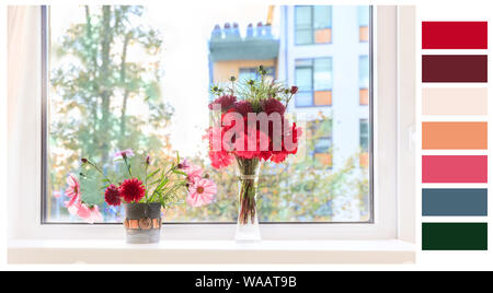 Autumn window. Autumn bouquets of flowers, cosmea, asters, geranium in fall winter 2019 2020 colors on the windowsill Stock Photo
