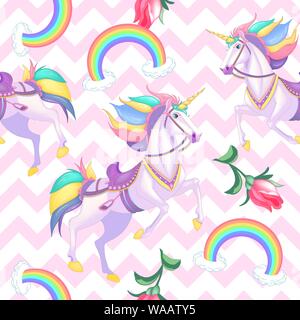 Cute white unicorns with rainbow hair on light pink seamless vector pattern background illustration Stock Vector