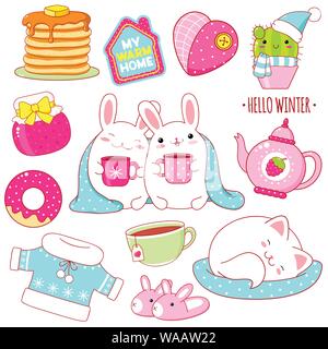 Set of cute winter stickers in kawaii style. White rabbits with cups, sleeping cat, teapot, donut, cactus in a scarf and hat, sweater, slippers, jam, Stock Vector