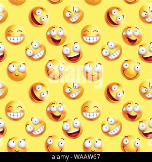 Vector smileys wallpaper continuous pattern with seamless facial expressions of yellow happy faces in yellow background. Vector illustration. Stock Vector
