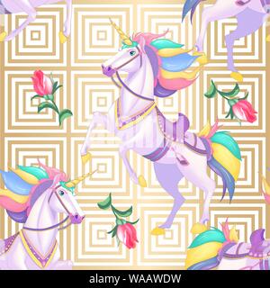 Cute white unicorns with rainbow hair on golden stripes seamless vector pattern background illustration Stock Vector