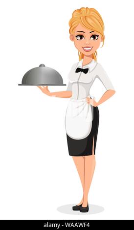 Happy blonde waitress holds domed tray. Cheerful cartoon character. Vector illustration on white background Stock Vector