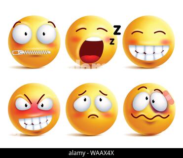 Smileys sleepy face vector set. Smiley yellow emoji with happy ...