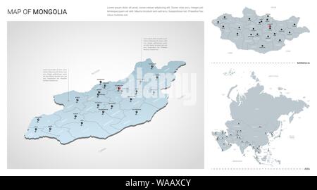 Vector set of Mongolia country.  Isometric 3d map, Mongolia map, Asia map - with region, state names and city names. Stock Vector