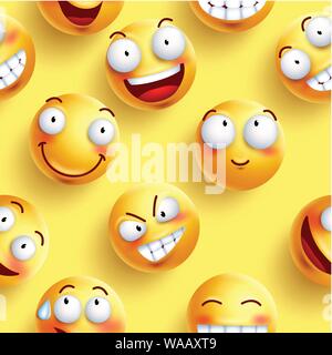 Smileys wallpaper seamless vector pattern in yellow color with continuous happy faces and facial expressions. Vector illustration. Stock Vector