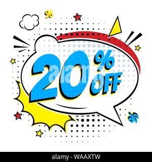 Comic lettering 20 percent off SALE in the speech bubble comic style flat design. Stock Vector