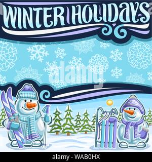 Vector poster for Winter Holidays with copy space, placard with 2 cartoon smiling snowman with carrot nose in sports hat, mittens and purple scarf in Stock Vector