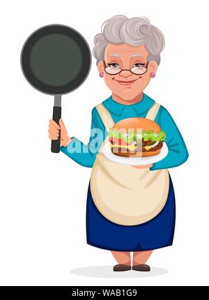 Happy Grandparents Day. Old cute woman grandmother holds frying pan and cheeseburger. Vector illustration on white background Stock Vector