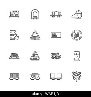 Trains, Railroad Transport outline icons set - Black symbol on white background. Trains, Railroad Transport Simple Illustration Symbol lined simplicit Stock Vector