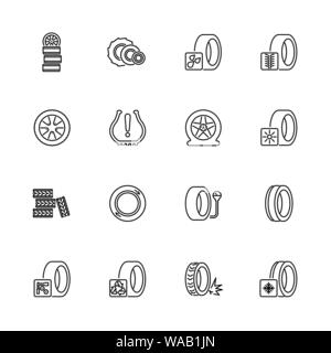 Tires, Car Wheel outline icons set - Black symbol on white background. Tires, Car Wheel Simple Illustration Symbol - lined simplicity Sign. Flat Vecto Stock Vector
