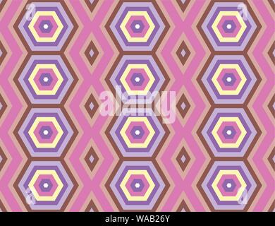 Vector seamless geometric pattern. White, orange, pink, brown and purple hexagons and diamonds. Stock Vector