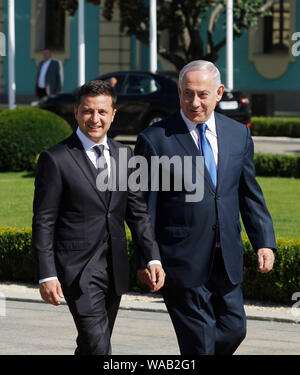 Israeli Prime Minister Benjamin Netanyahu (R) with Ukrainian President Volodymyr Zelensky (L) during the two-day state visit to Ukraine.Israeli Prime Minister Benjamin Netanyahu visits Ukraine to discuss the launch of a free trade zone between the countries and a pension agreement, during his a two-day state visit to Ukraine on August 18-19, as media reported.