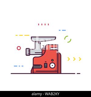 Meat grinder machine vector. Kitchen mixer machine for minced meat. Red modern electric kitchen appliance. Restaurant kitchen equipment.  Line style v Stock Vector