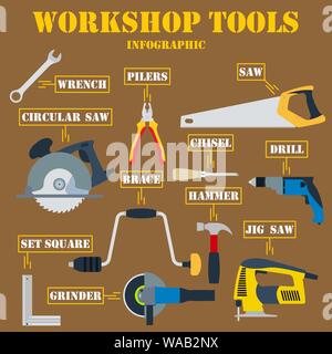 Workshop Tools Infographics. Full Color Design. Vector Illustration. Stock Vector