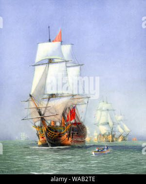 Vintage 1922 print entitled “The First Journey of Victory, 1778” depicting the famous Royal Navy ship HMS Victory at sea. Victory, best known for her role as Vice-Admiral Nelson’s flagship at the Battle of Trafalgar in 1805, was launched from Chatham Dockyard in 1765 but did not enter active service until 1778 after France joined the American War of Independence. Artist William Lionel Wyllie and his son Harold were heavily involved in the ship’s restoration and preservation in the early 20th century and Victory is today a museum vessel in dry dock in Portsmouth. Stock Photo