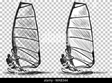 Windsurfing Sketch. Transparency Grid Background Design. Vector Illustration. Stock Vector