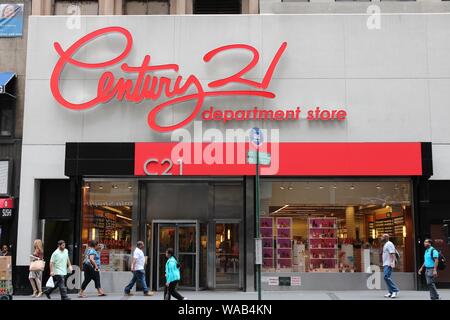 NEW YORK, USA - JULY 2, 2013: People walk by Century 21 department store in Cortlandt Street, Manhattan, New York. The American chain of department st Stock Photo