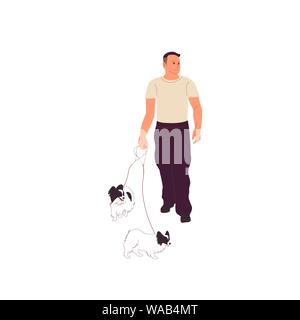 Young man in casual outfit is walking with two small papillon dogs on a leash. Isolated on white background. Flat style cartoon stock vector illustrat Stock Vector