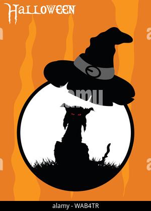 Black Silhouette Of a Spooky Cat With Red Eyes On Circular White Border With Witch Hat Over Orange and Yellow Background With Halloween Decorative Tex Stock Vector