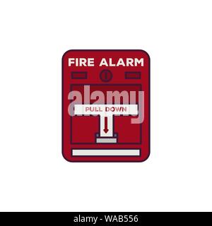 Fire alarm box. Fire alarm text, pull down switch. Line style vector illustration. Classic fire switch. Rescue and alarm pixel perfect banner. Stock Vector