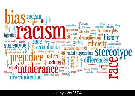 Racism - social issues and concepts word cloud illustration. Word collage concept. Stock Photo