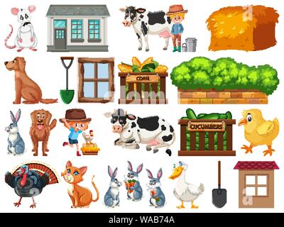 Large set of isolated farm objects illustration Stock Vector