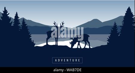 two moose in wildlife at beautiful lake in blue mountains vector illustration EPS10 Stock Vector