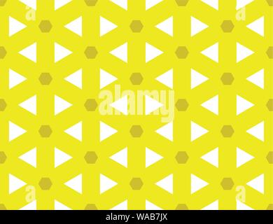 Vector seamless geometric pattern. Shaped dark yellow hexagons and white triangles on yellow background. Stock Vector