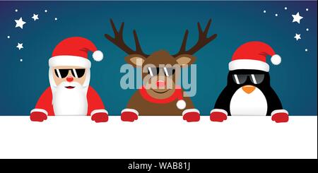 cute reindeer santa claus and penguin cartoon with sunglasses for christmas vector illustration EPS10 Stock Vector