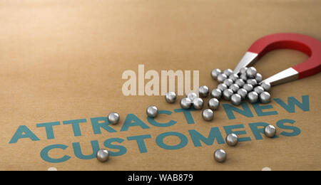 3D illustration. Slogan attract new customers written on paper background with horseshoe magnet attracting spheres Stock Photo