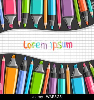 Vector poster with colorful Markers and checkered paper texture for curved copy space, set of different felt tip pens and various opened highlight mar Stock Vector