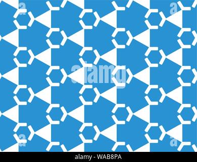 Vector seamless geometric pattern. Shaped white hexagons and triangles on blue background. Stock Vector
