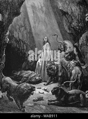 Gustave Doré, Daniel in the Lions' Den, engraving, 1866 Stock Photo