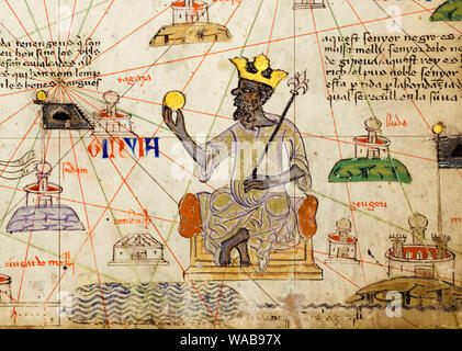 Mansa Musa, (1280-1337), sitting on a throne, and, holding a gold coin, Map, 1375 Stock Photo