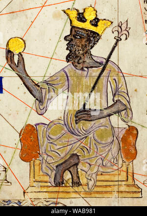 Mansa Musa, (1280-1337), sitting on a throne, and, holding a gold coin, drawing, 1375 Stock Photo