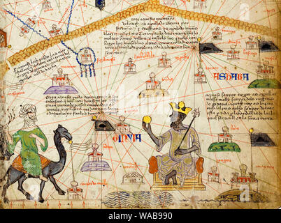 Detail from the Catalan Atlas Sheet 6 showing a Map of the Western Sahara and Mansa Musa, 1375 Stock Photo