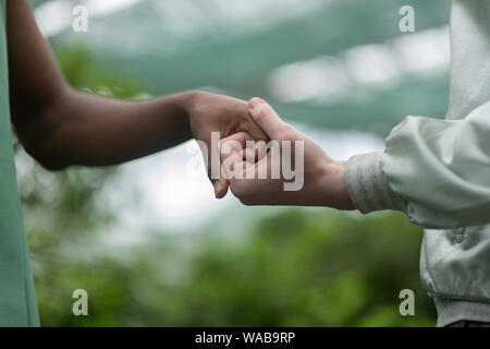 Dark-skinned and light-skinned men holding hands together Stock Photo