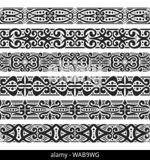 Vector set of black seamless borders, 6 decorative repeat ribbons of oriental style, design elements for create frames, ornate tape decorations with a Stock Vector