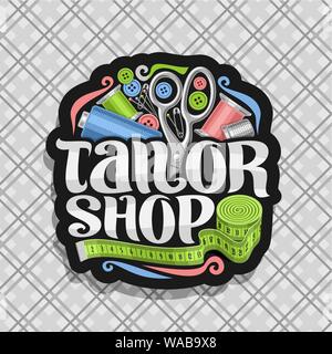 Vector logo for Tailor Shop, dark sticker with set of sewing equipment, roll of green measure tape for suit apparel, original brush typeface for words Stock Vector