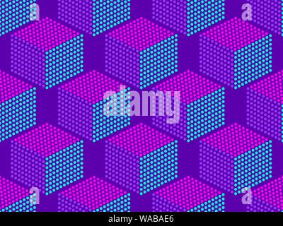 Cubes pop art seamless pattern in purple. Dotted geometric shape. Modern trend background. Vector illustration Stock Vector