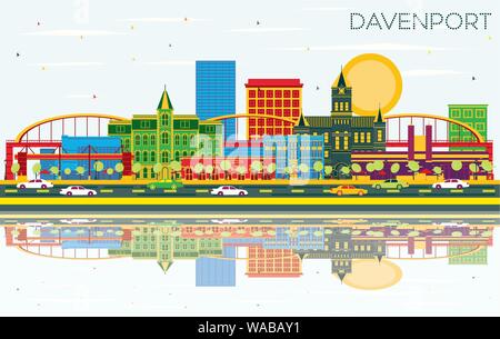 Davenport Iowa Skyline with Color Buildings, Blue Sky and Reflections. Vector Illustration. Business Travel and Tourism Illustration. Stock Vector