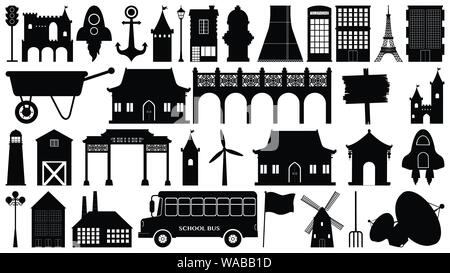 Set of sihouette isolated objects theme - buildings and transportations illustration Stock Vector
