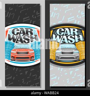 Vector banners for automatic Car Wash, flyers with illustration of red sport car, flowing water and yellow rotating brushing rollers, original typefac Stock Vector