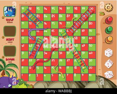 Boardgame with snakes and ladders on red and green squares illustration Stock Vector