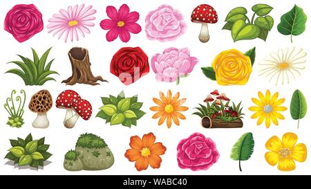 Set of isolated objects theme - mushrooms and flowers illustration Stock Vector