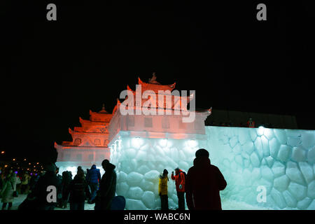 Perm, Russia - January 03, 2019: beautifully lit New Year ice town in oriental style at night Stock Photo