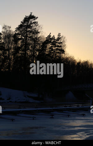 Sun setting behind a small forest in Espoo, Finland. In the foreground of this photo you can see frozen Baltic Sea. Beautiful sunset landscape. Stock Photo