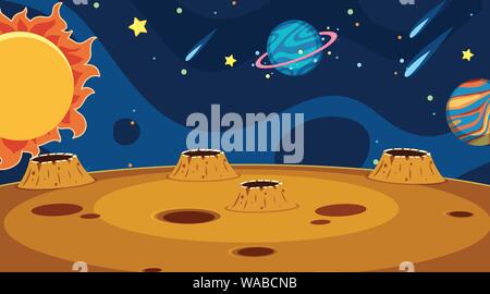 Background design of landscape with planets in space illustration Stock Vector
